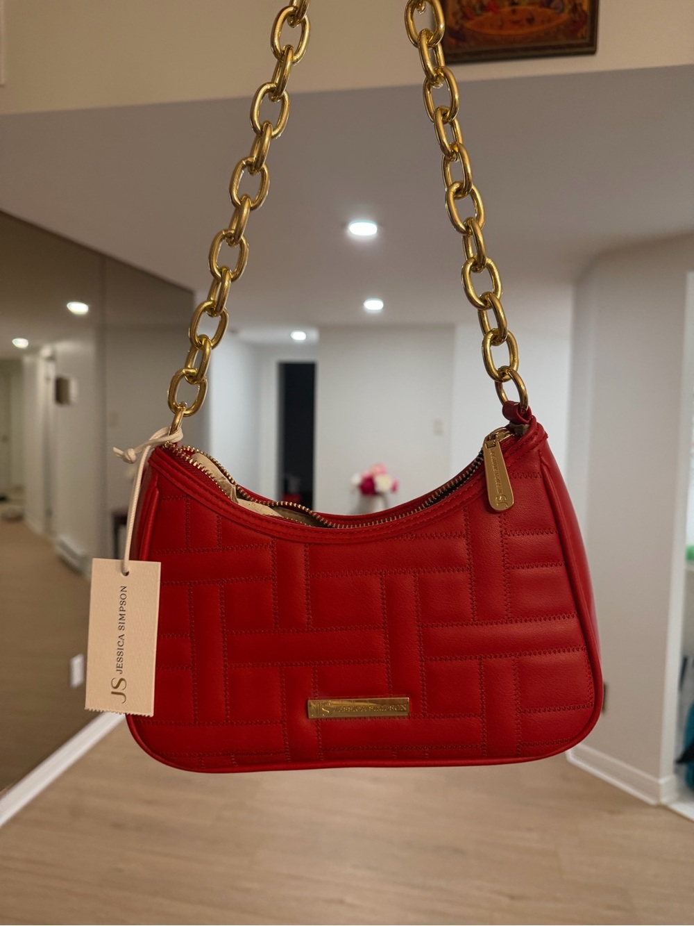 Jessica Simpson Red Quilted Shoulder Bag with Gold Chain